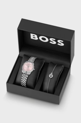 Crystal-embellished watch and bracelet gift set, Silver tone
