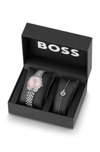 Set de regalo con pulsera y reloj con cristales, Tono plateado