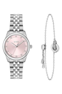 Crystal-embellished watch and bracelet gift set, Silver tone
