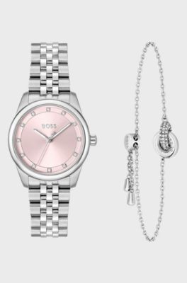 Geschenk-Set aus Uhr und Armband mit Kristallverzierung, Silberfarben