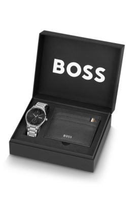 Black-dial watch and leather card holder gift set, Silver tone