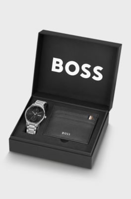 Black-dial watch and leather card holder gift set, Silver tone
