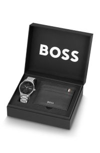 Black-dial watch and leather card holder gift set, Silver tone
