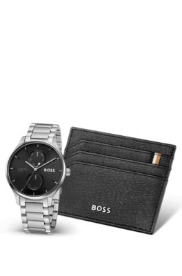 Black-dial watch and leather card holder gift set, Silver tone