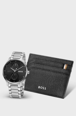 Black-dial watch and leather card holder gift set, Silver tone
