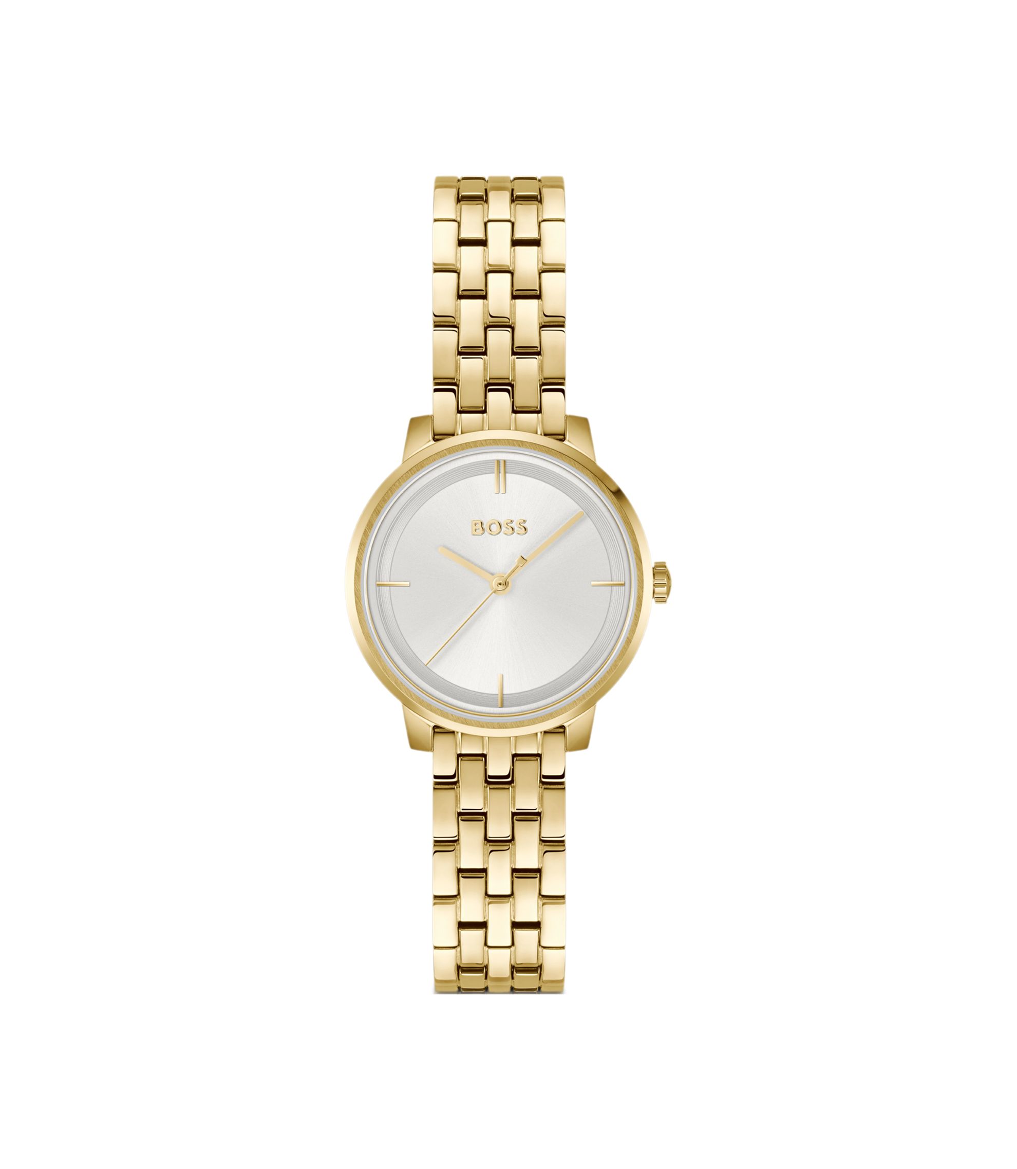 Goldfarbene Uhr mit silberweißem Zifferblatt