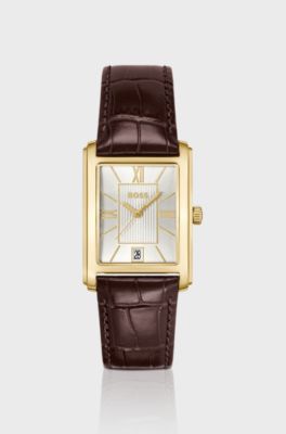 Orologio con cinturino in pelle e quadrante bianco-argento, Marrone
