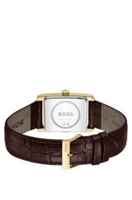 Leather-strap watch with silver-white dial, Brown