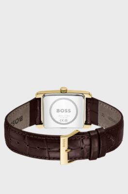 Leather-strap watch with silver-white dial, Brown