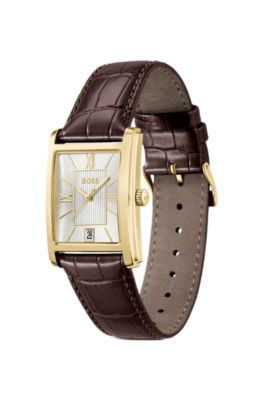 Leather-strap watch with silver-white dial, Brown