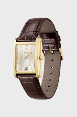 Orologio con cinturino in pelle e quadrante bianco-argento, Marrone