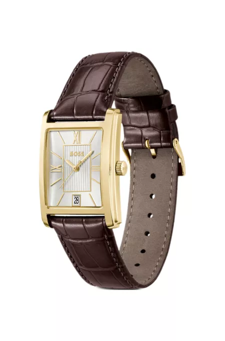 Leather-strap watch with silver-white dial