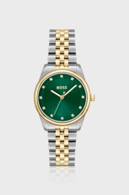 Horloge met groene wijzerplaat en tweekleurige polsband, Zilverkleurig