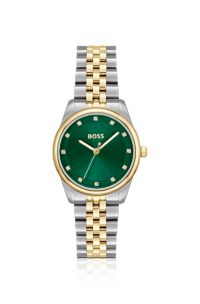 Orologio con quadrante verde e bracciale bicolore, Color argento