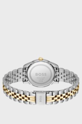 Horloge met groene wijzerplaat en tweekleurige polsband, Zilverkleurig