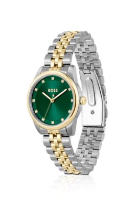 Green-dial watch with two-tone bracelet, Silver tone