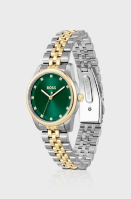 Horloge met groene wijzerplaat en tweekleurige polsband, Zilverkleurig