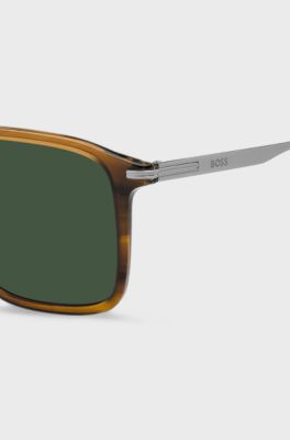 Occhiali da sole effetto corno marrone con aste color argento, Marrone