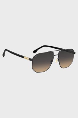 Black-steel sunglasses with gold-tone logo insert, Black