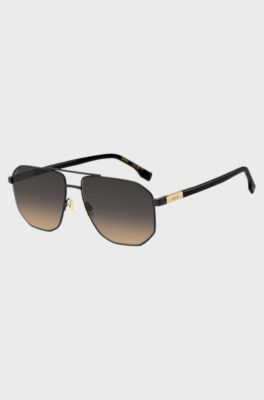 Black-steel sunglasses with gold-tone logo insert, Black