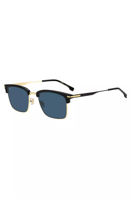 Blue-lens sunglasses with black and gold-tone frames