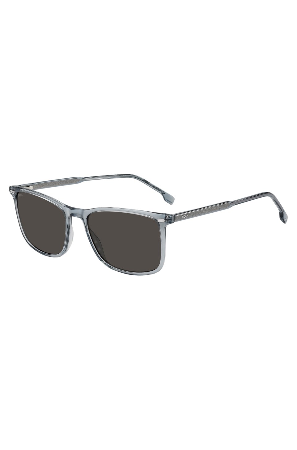 Transparent-blue sunglasses with temple logo