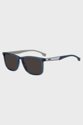 Occhiali da sole in acetato blu con aste in gomma, Blu