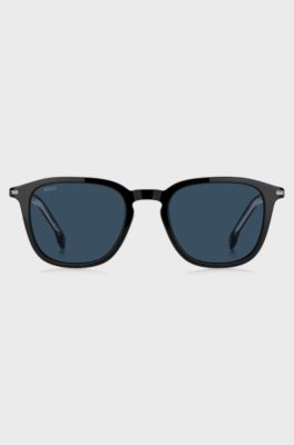 Occhiali da sole in acetato nero con rifiniture color argento, Nero