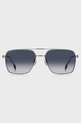 Stainless-steel double-bridge sunglasses with blue-acetate temples, Blue