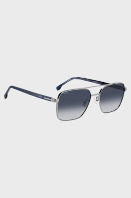 Stainless-steel double-bridge sunglasses with blue-acetate temples, Blue