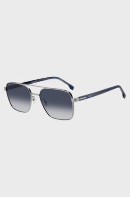 Stainless-steel double-bridge sunglasses with blue-acetate temples, Blue