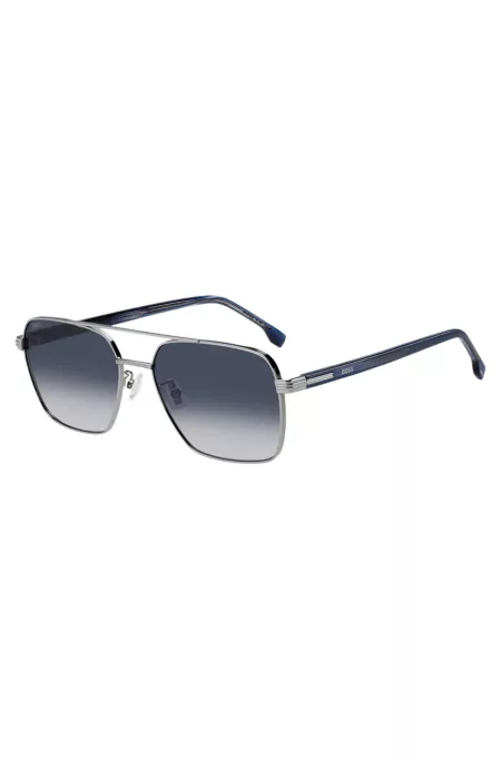 Sonnenbrille aus Edelstahl mit Doppelsteg und Bügeln aus blauem Acetat