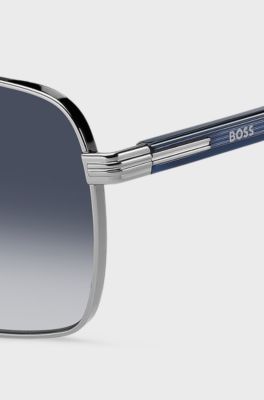 Stainless-steel double-bridge sunglasses with blue-acetate temples, Blue