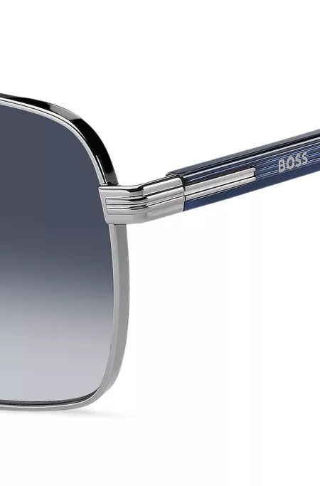 Sonnenbrille aus Edelstahl mit Doppelsteg und Bügeln aus blauem Acetat