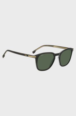 Occhiali da sole in acetato nero con rifiniture dorate, Grigio