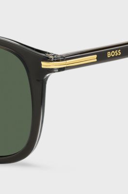 Occhiali da sole in acetato nero con rifiniture dorate, Grigio