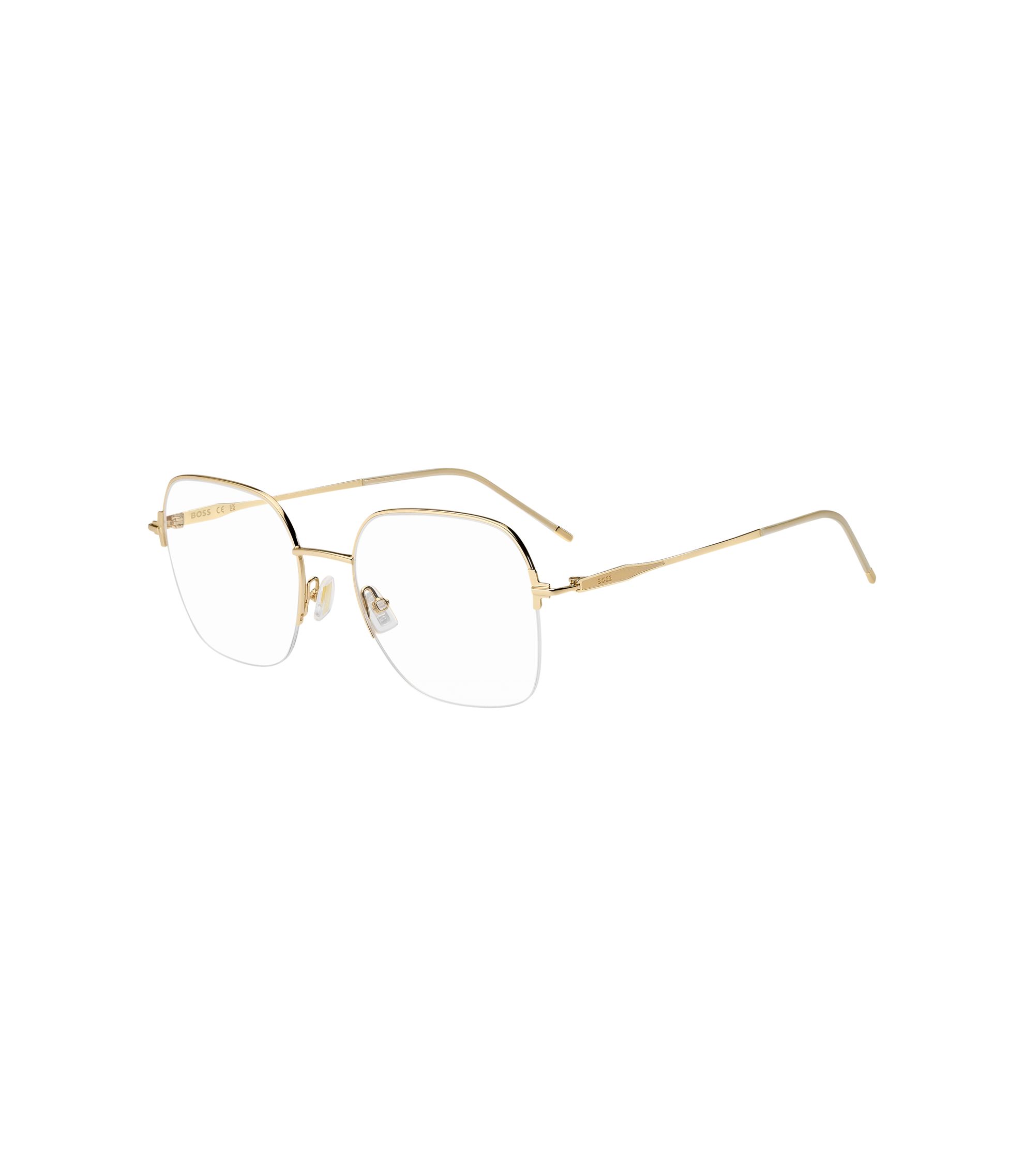 Halbrand goldfarbene Brillenfassung mit geprägtem Logo