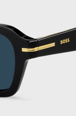Occhiali da sole in acetato nero con rifiniture dorate, Nero