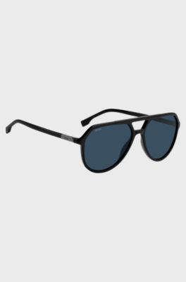 Occhiali da sole in acetato nero con inserto logo metallizzato, Nero
