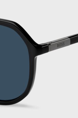 Occhiali da sole in acetato nero con inserto logo metallizzato, Nero