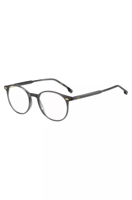 Dark-grey optical frames with gold-tone trims