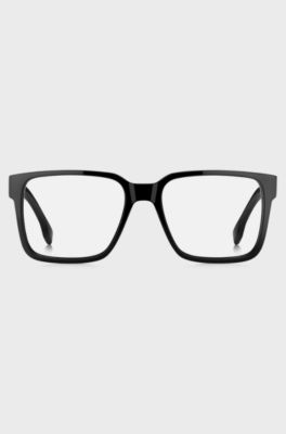Occhiali da vista in acetato nero con placca logo, Nero