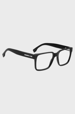 Occhiali da vista in acetato nero con placca logo, Nero