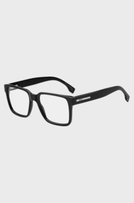 Occhiali da vista in acetato nero con placca logo, Nero