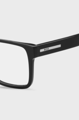 Occhiali da vista in acetato nero con placca logo, Nero