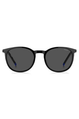 Black-acetate sunglasses with blue logo, Black
