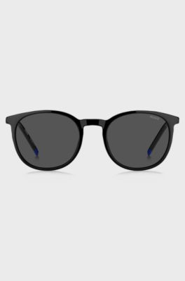 Occhiali da sole in acetato nero con logo blu, Nero