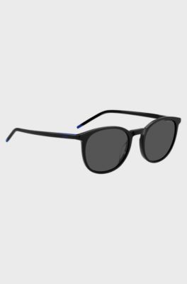 Occhiali da sole in acetato nero con logo blu, Nero