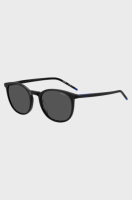 Occhiali da sole in acetato nero con logo blu, Nero