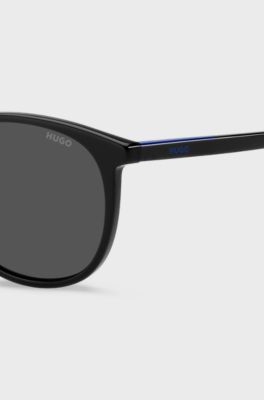 Occhiali da sole in acetato nero con logo blu, Nero